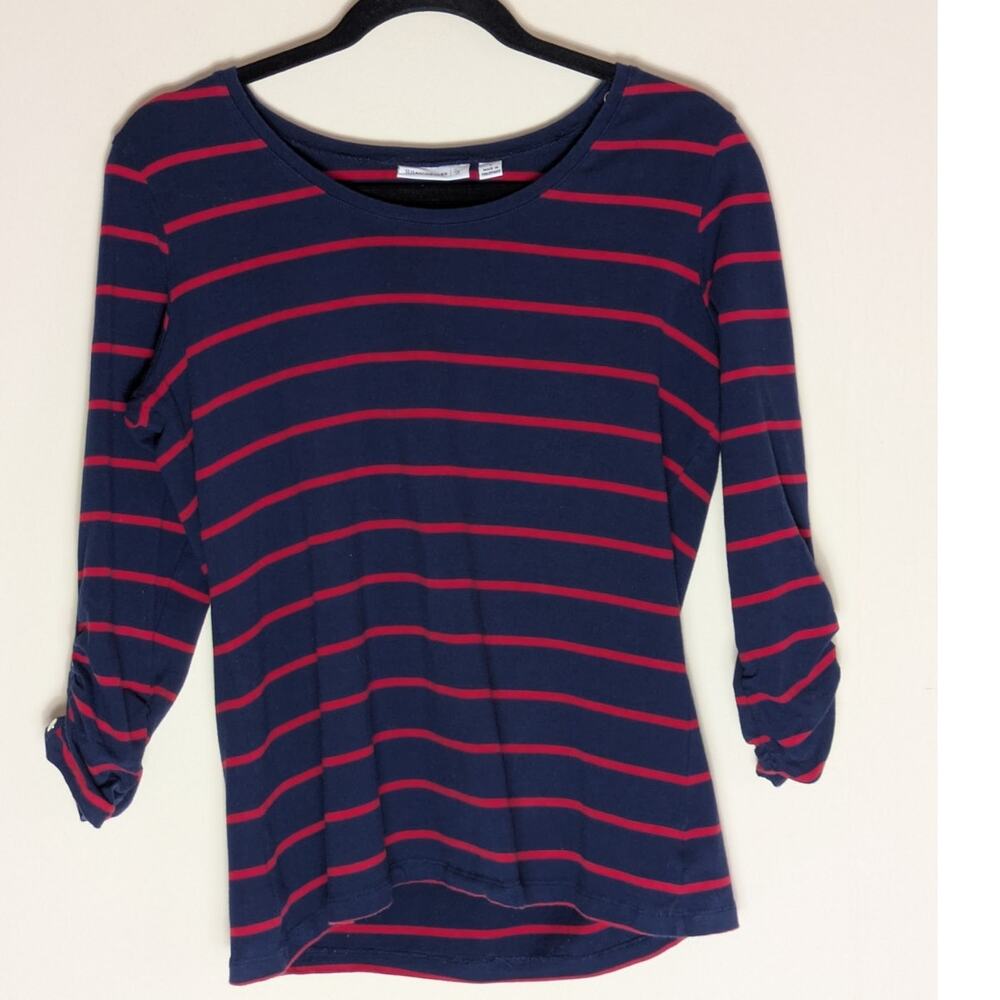 Susan Graver Women S Stripe 3/4 Ruched Sleeves Snap Cap Top Elevated Basic Artsy